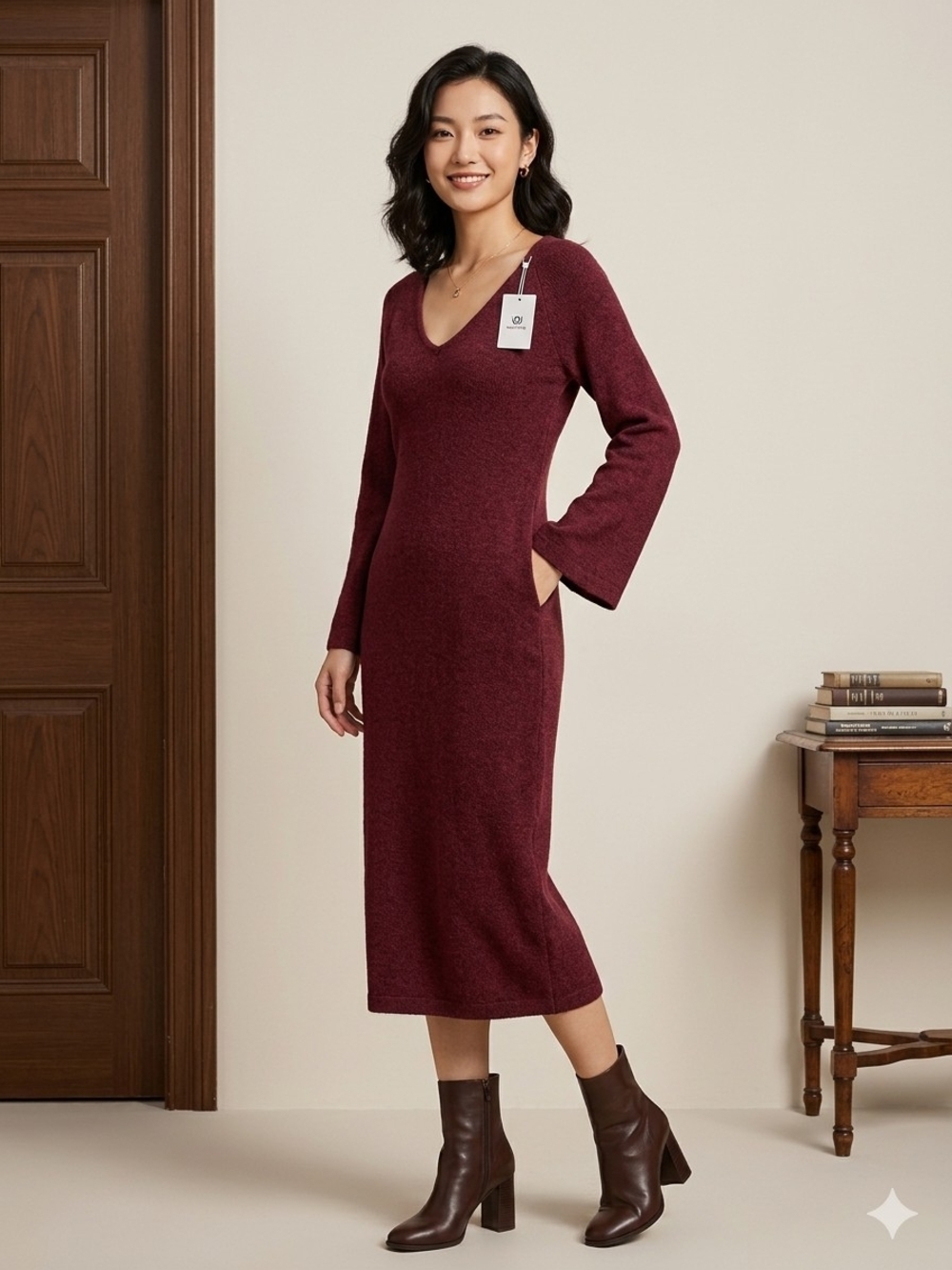 Weneine Deep Burgundy V-Neck Long Sleeve Midi Dress